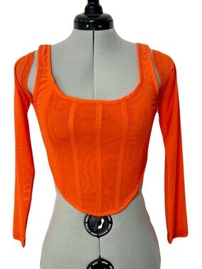 Orange Long Sleeve Mesh Bustier Boned Corset  Top S